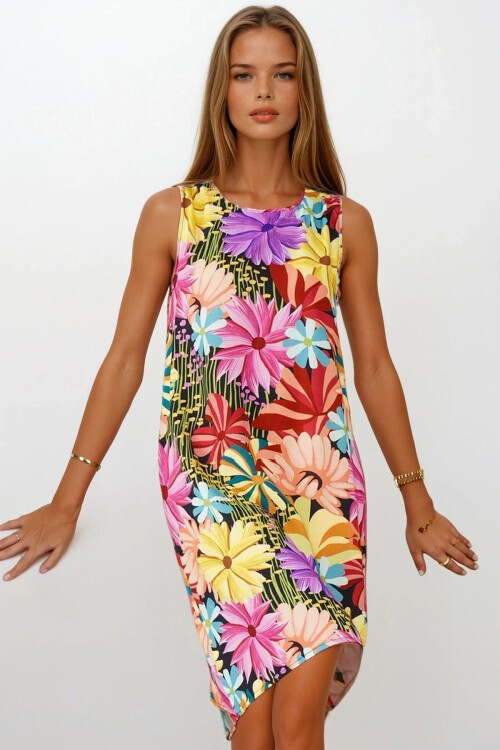 Sarı Fuşya Çiçek Desenli Kolsuz Midi Boy Elbise