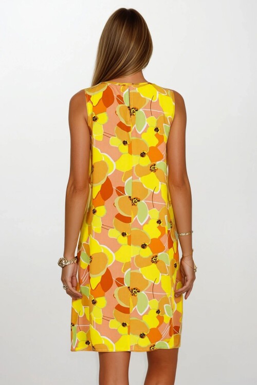 Sarı Çiçek Desenli Kolsuz Midi Boy Elbise