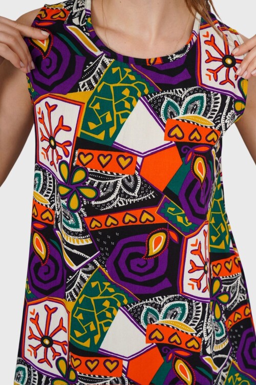 Mor Çiçek Desenli Kolsuz Midi Boy Elbise