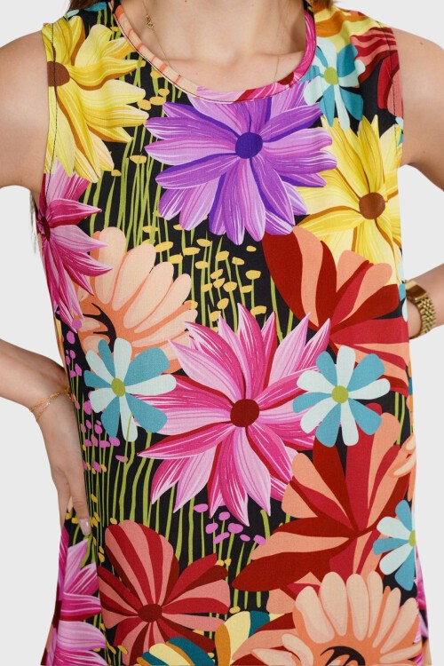 Sarı Fuşya Çiçek Desenli Kolsuz Midi Boy Elbise