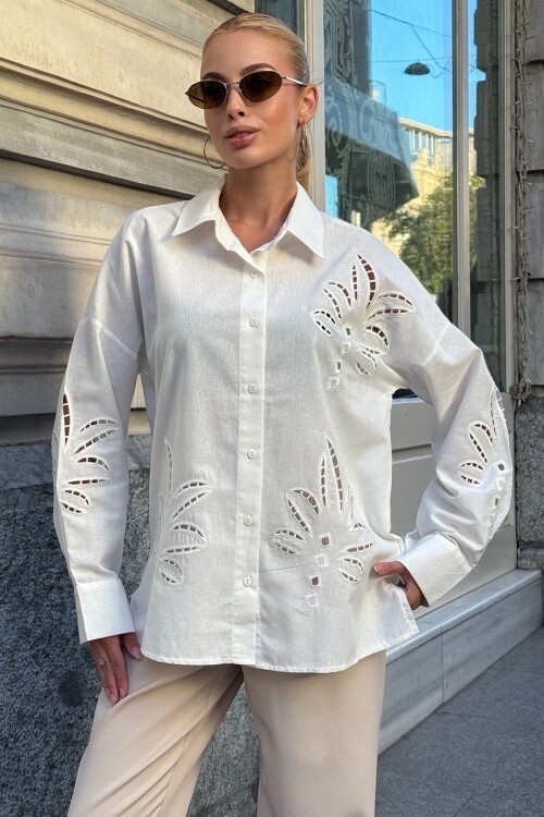 Beyaz Çiçek Motifli Premium Gömlek