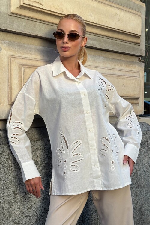 Beyaz Çiçek Motifli Premium Gömlek