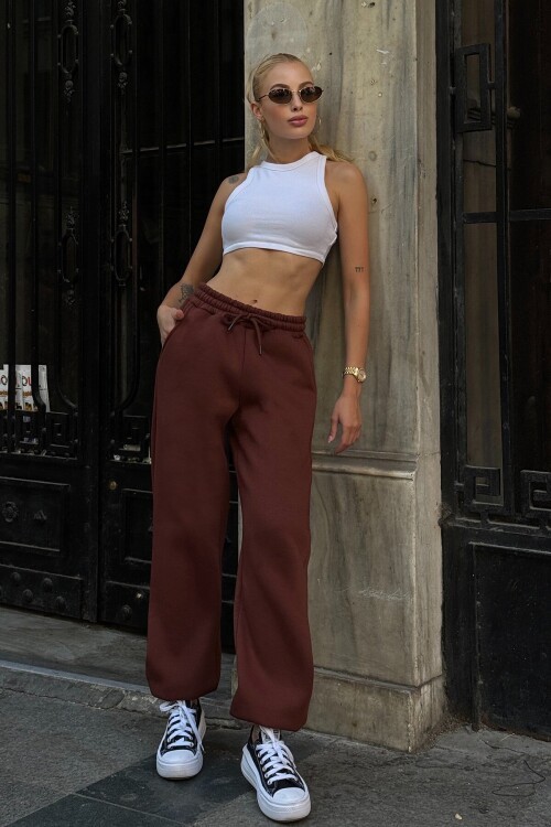 Kahverengi Çift Cepli Beli Ve Paçası Lastikli 3 İplik Eşoftman Altı