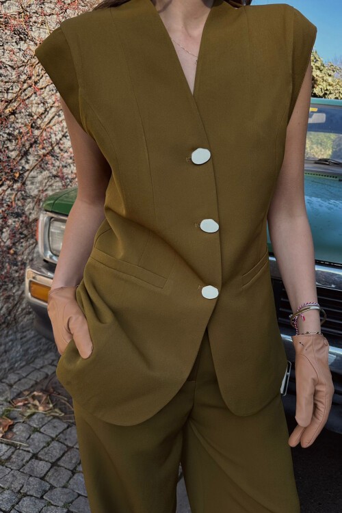 Haki Çift Cepli Düğmeli Yelek 