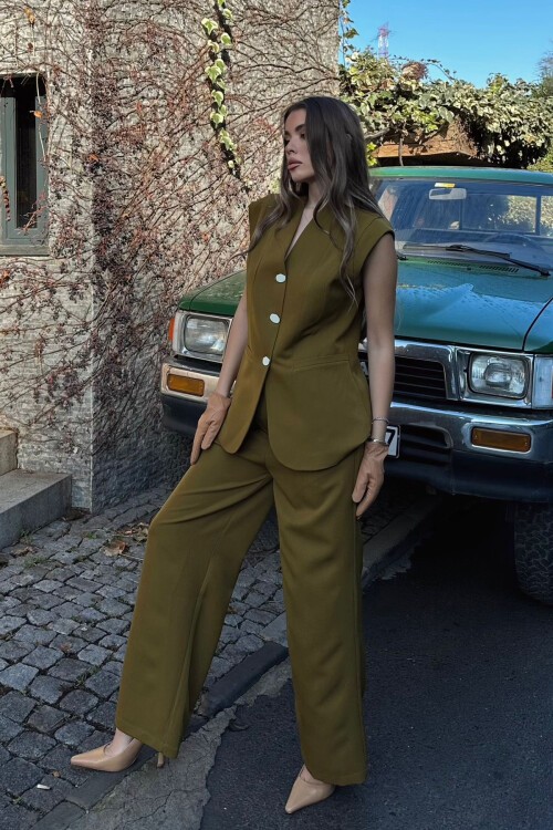 Haki Çift Cepli Düğmeli Yelek 