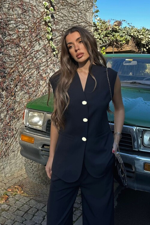 Lacivert Çift Cepli Düğmeli Yelek 