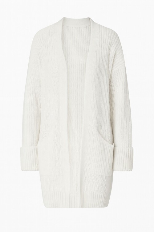 Ekru Çift Cepli Oversize Triko Hırka