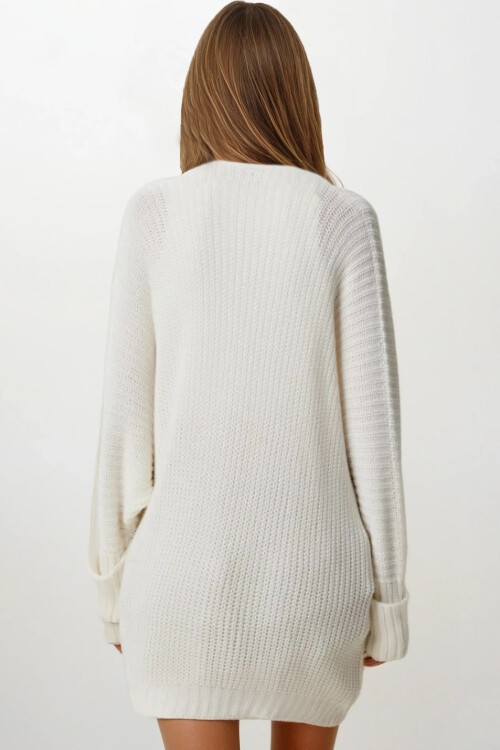 Ekru Çift Cepli Oversize Triko Hırka