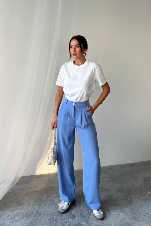 Mavi Çift Cepli Pileli Yüksek Bel Pantolon