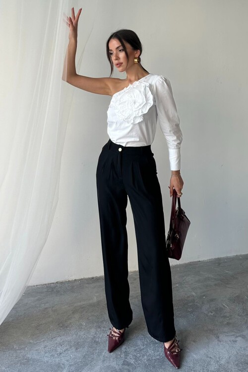 Siyah Çift Cepli Pileli Yüksek Bel Pantolon