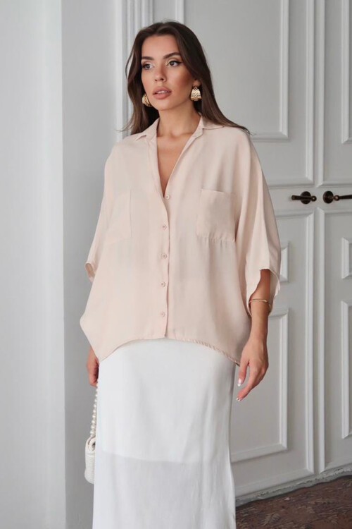 Bej Çift Cepli Yarasa Kol Gömlek