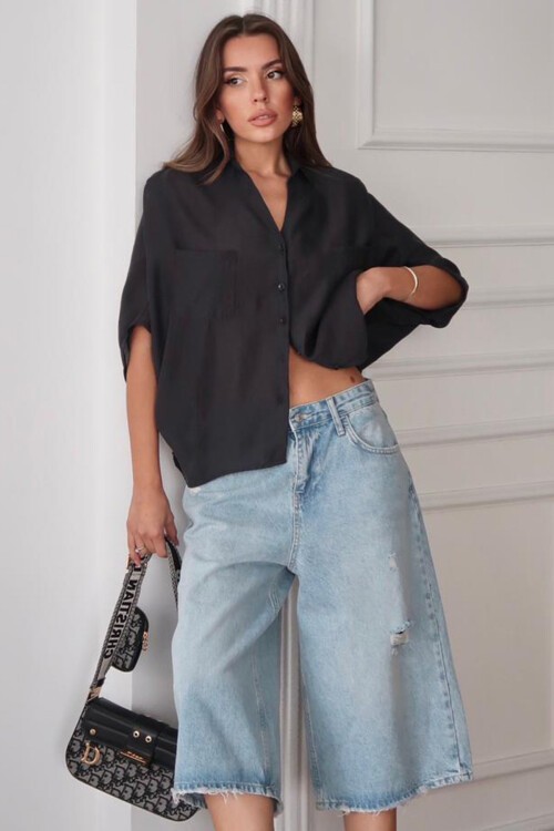 Siyah Çift Cepli Yarasa Kol Gömlek