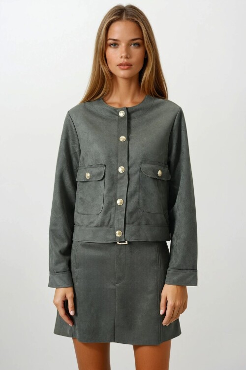 Haki Çift Kapak Cepli Altın Düğmeli Kısa Ceket
