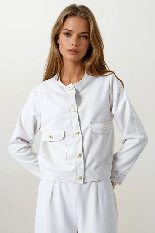 Taş Çift Kapak Cepli Altın Düğmeli Kısa Ceket