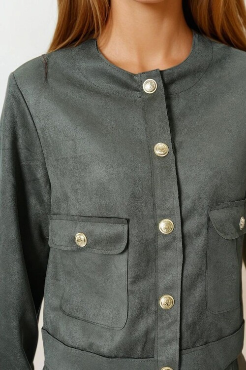 Haki Çift Kapak Cepli Altın Düğmeli Kısa Ceket
