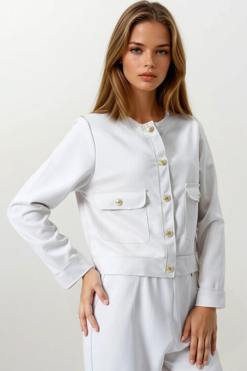 Taş Çift Kapak Cepli Altın Düğmeli Kısa Ceket