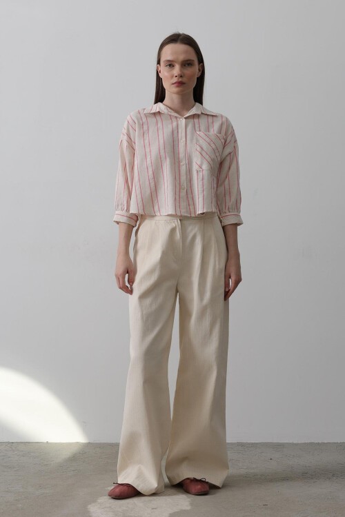 Krem Çift Pileli Palazzo Pantolon