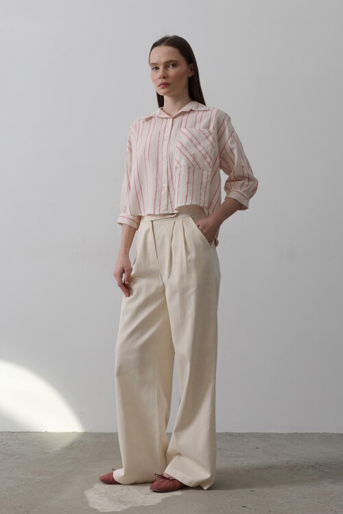 Krem Çift Pileli Palazzo Pantolon