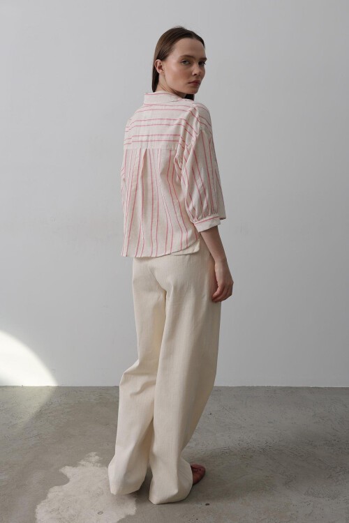 Krem Çift Pileli Palazzo Pantolon