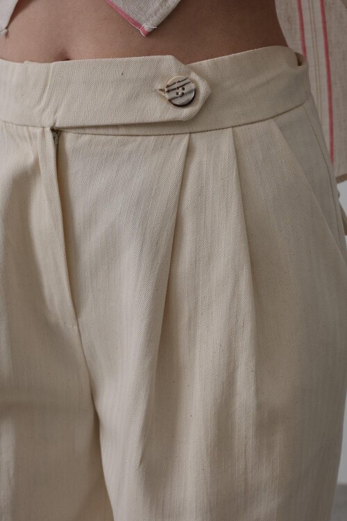Krem Çift Pileli Palazzo Pantolon