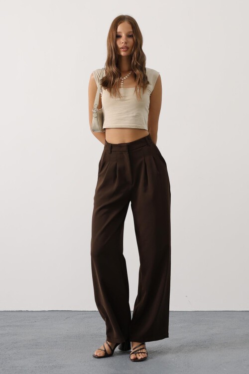 Kahve Çift Pileli Palazzo Pantolon