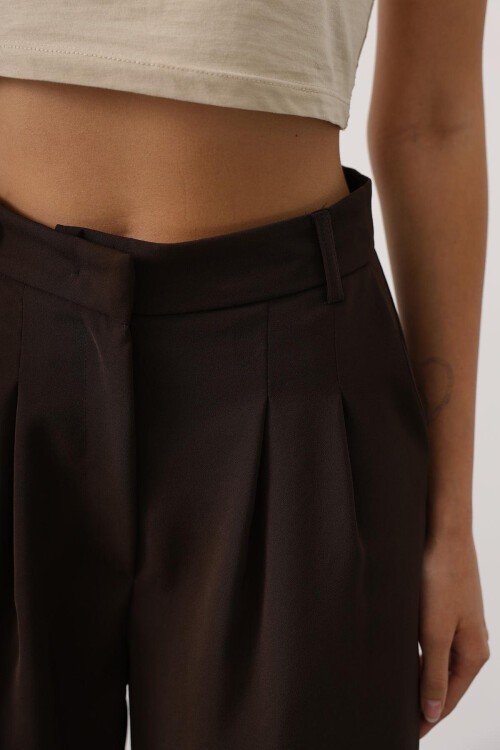 Kahve Çift Pileli Palazzo Pantolon