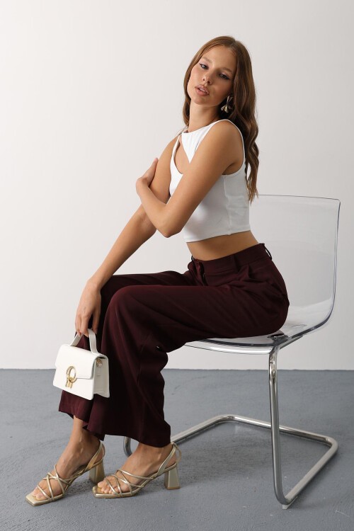 Bordo Çift Pileli Palazzo Pantolon