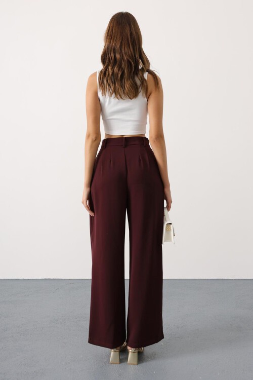 Bordo Çift Pileli Palazzo Pantolon