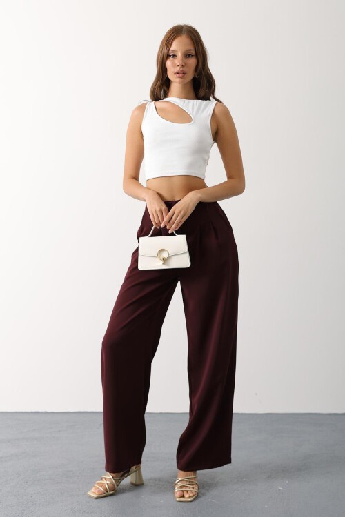 Bordo Çift Pileli Palazzo Pantolon
