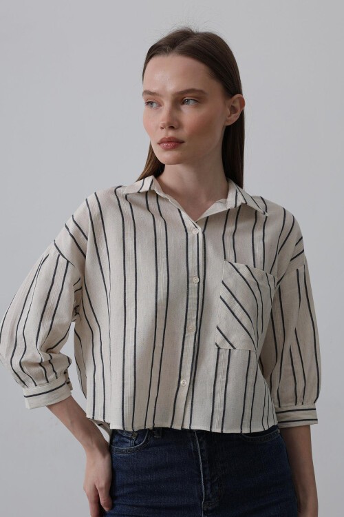 Lacivert-Bej Cepli Çizgili Kısa Gömlek