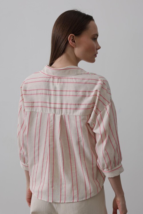 Pembe Cepli Çizgili Kısa Gömlek