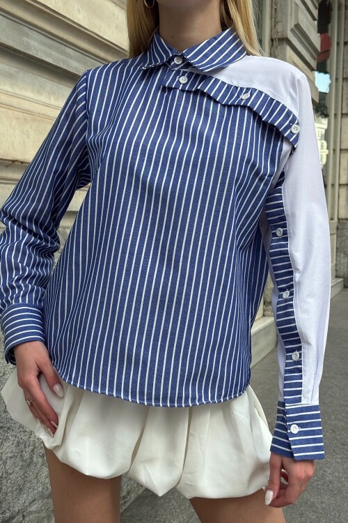 Lacivert Çizgili Kontrast Kol Asimetrik Düğme Detaylı Uzun Kollu Gömlek