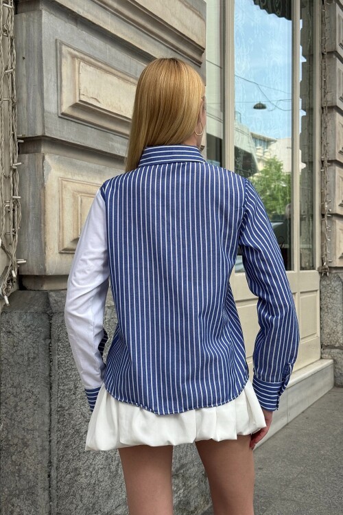 Lacivert Çizgili Kontrast Kol Asimetrik Düğme Detaylı Uzun Kollu Gömlek