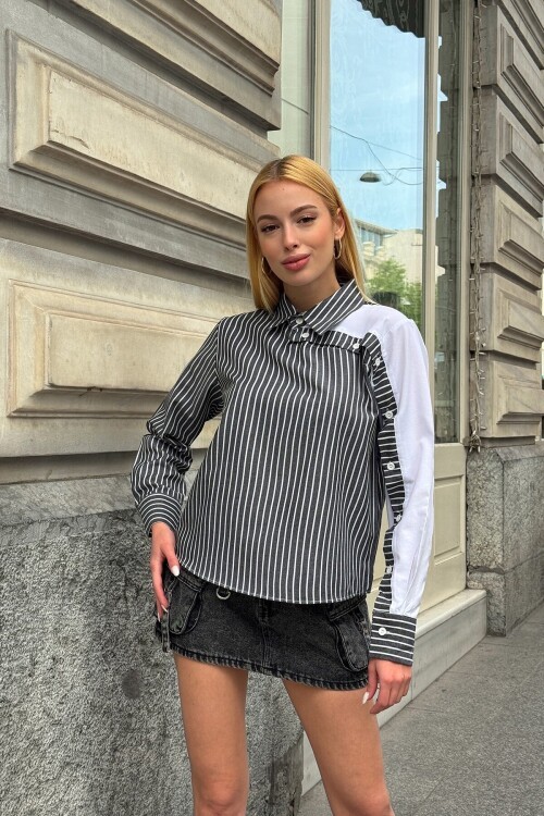 Siyah Çizgili Kontrast Kol Asimetrik Düğme Detaylı Uzun Kollu Gömlek