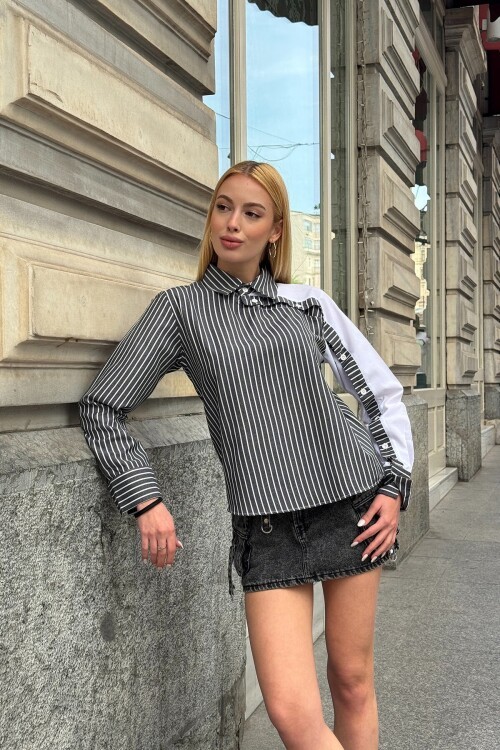 Siyah Çizgili Kontrast Kol Asimetrik Düğme Detaylı Uzun Kollu Gömlek