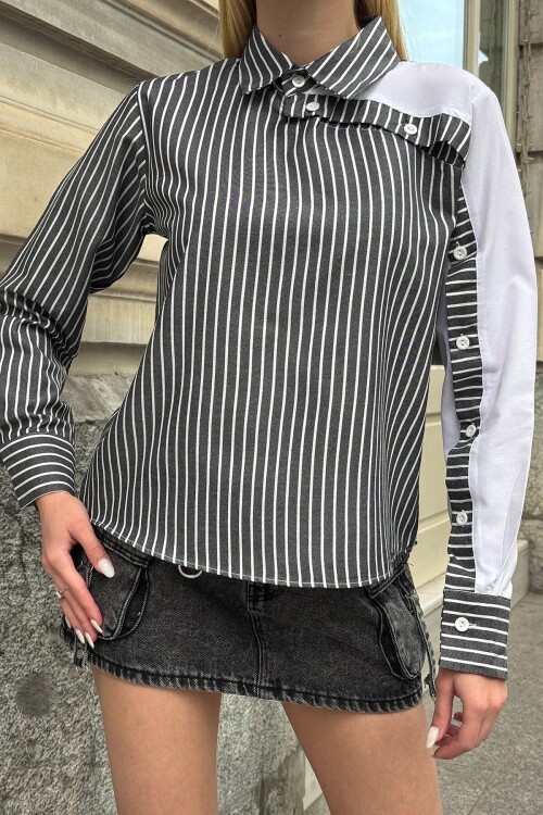 Siyah Çizgili Kontrast Kol Asimetrik Düğme Detaylı Uzun Kollu Gömlek