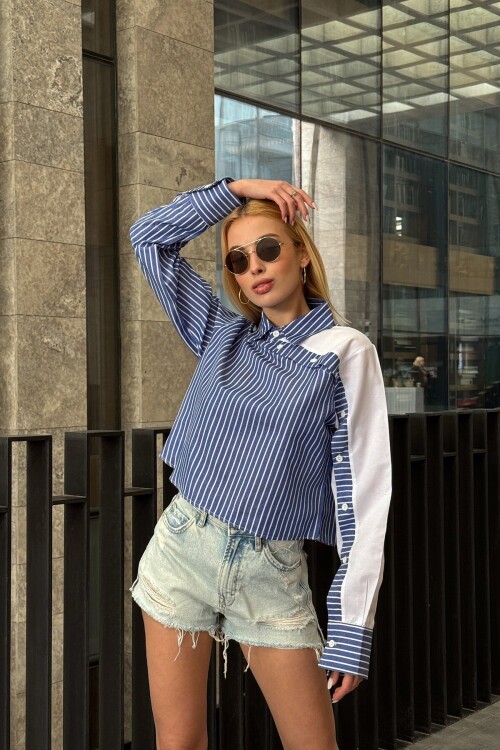 Lacivert Çizgili Kontrast Uzun Kollu Asimetrik Düğme Detaylı Crop Gömlek