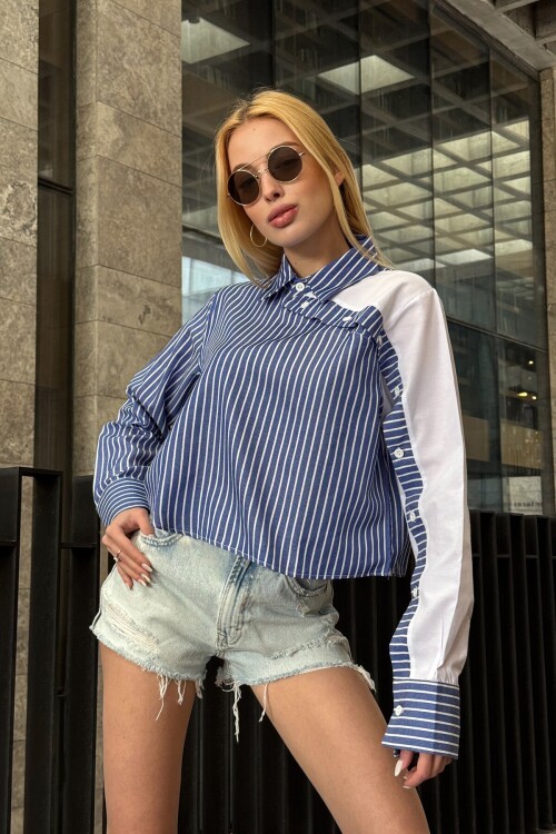 Lacivert Çizgili Kontrast Uzun Kollu Asimetrik Düğme Detaylı Crop Gömlek