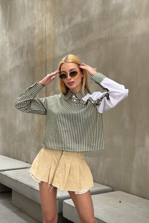 Yeşil Çizgili Kontrast Uzun Kollu Asimetrik Düğme Detaylı Crop Gömlek