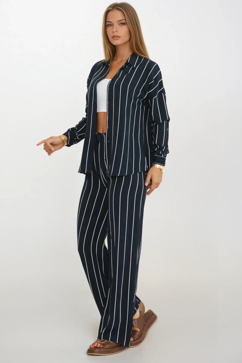 Siyah Çizgili Oversize Gömlek Ve Bağcıklı Palazzo Pantolon Takım