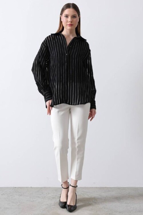 Siyah Çizgili Uzun Kollu Oversize Gömlek