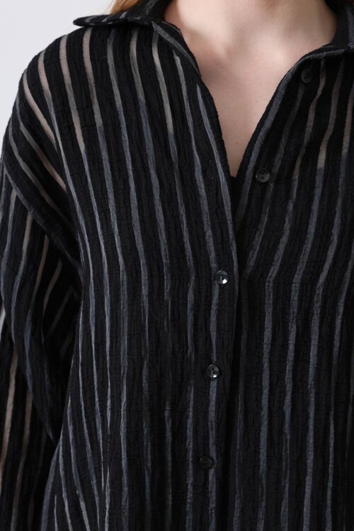 Siyah Çizgili Uzun Kollu Oversize Gömlek