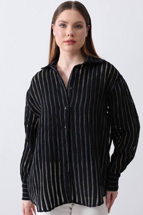 Siyah Çizgili Uzun Kollu Oversize Gömlek