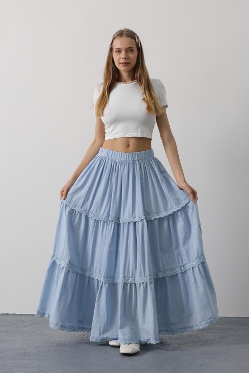 Bebe Mavisi Beli Lastikli Dantel Detaylı Pileli Maxi Boy Etek