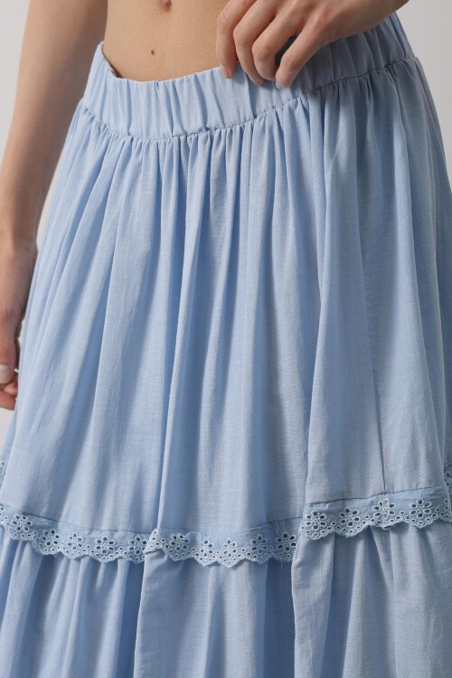 Bebe Mavisi Beli Lastikli Dantel Detaylı Pileli Maxi Boy Etek