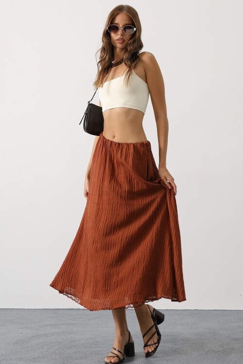 Kahve Dantel Detaylı Uzun Etek