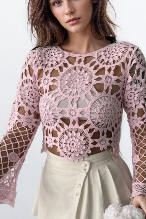 Pudra Dantel İşlemeli Bluz