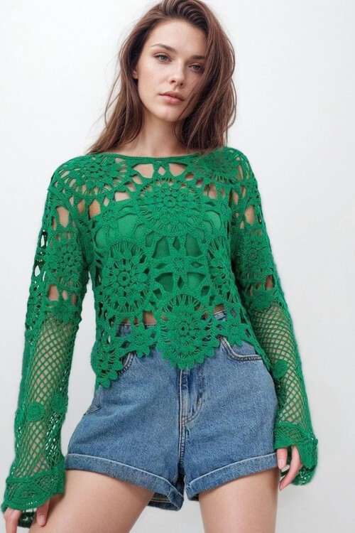 Yeşil Dantel İşlemeli Bluz