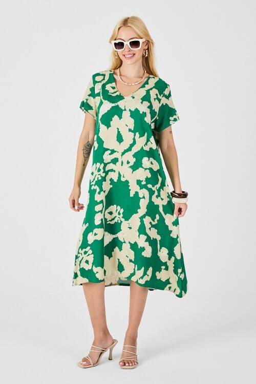Yeşil Derin V Yaka Yırtmaçlı Desenli Midi Boy Elbise