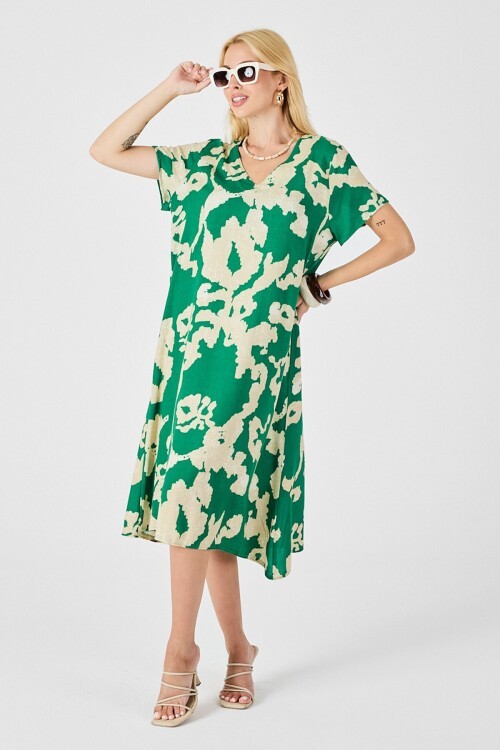 Yeşil Derin V Yaka Yırtmaçlı Desenli Midi Boy Elbise